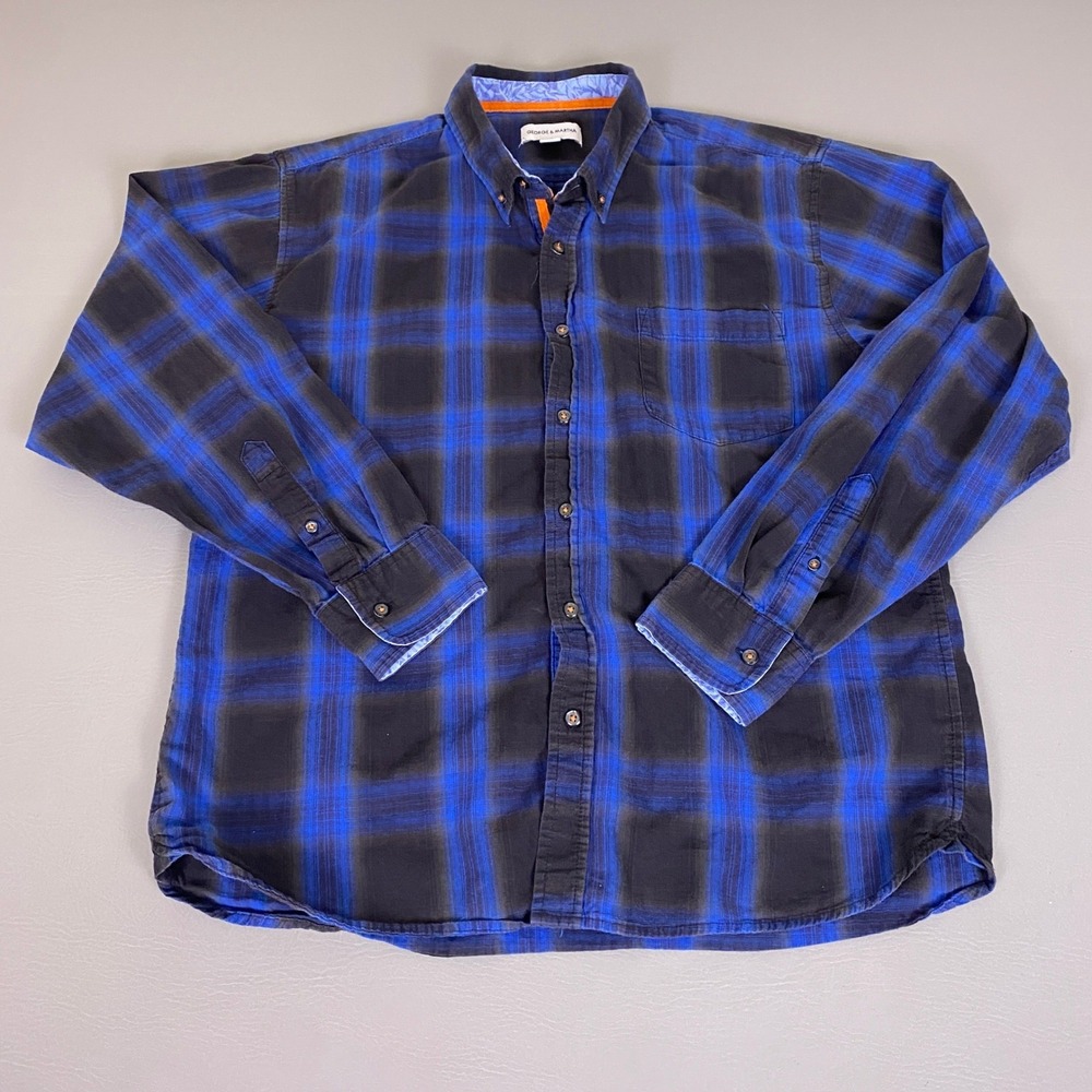George & Martha Button Down Shirt Men's XXL Blue Black Plaid Cotton Long Sleeve